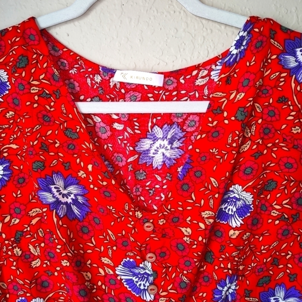 KIRUNDO Red Floral Boho Flutter Sleeves size L - Picture 3 of 7